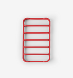 Red silicone trivet with six horizontal slots for heat protection