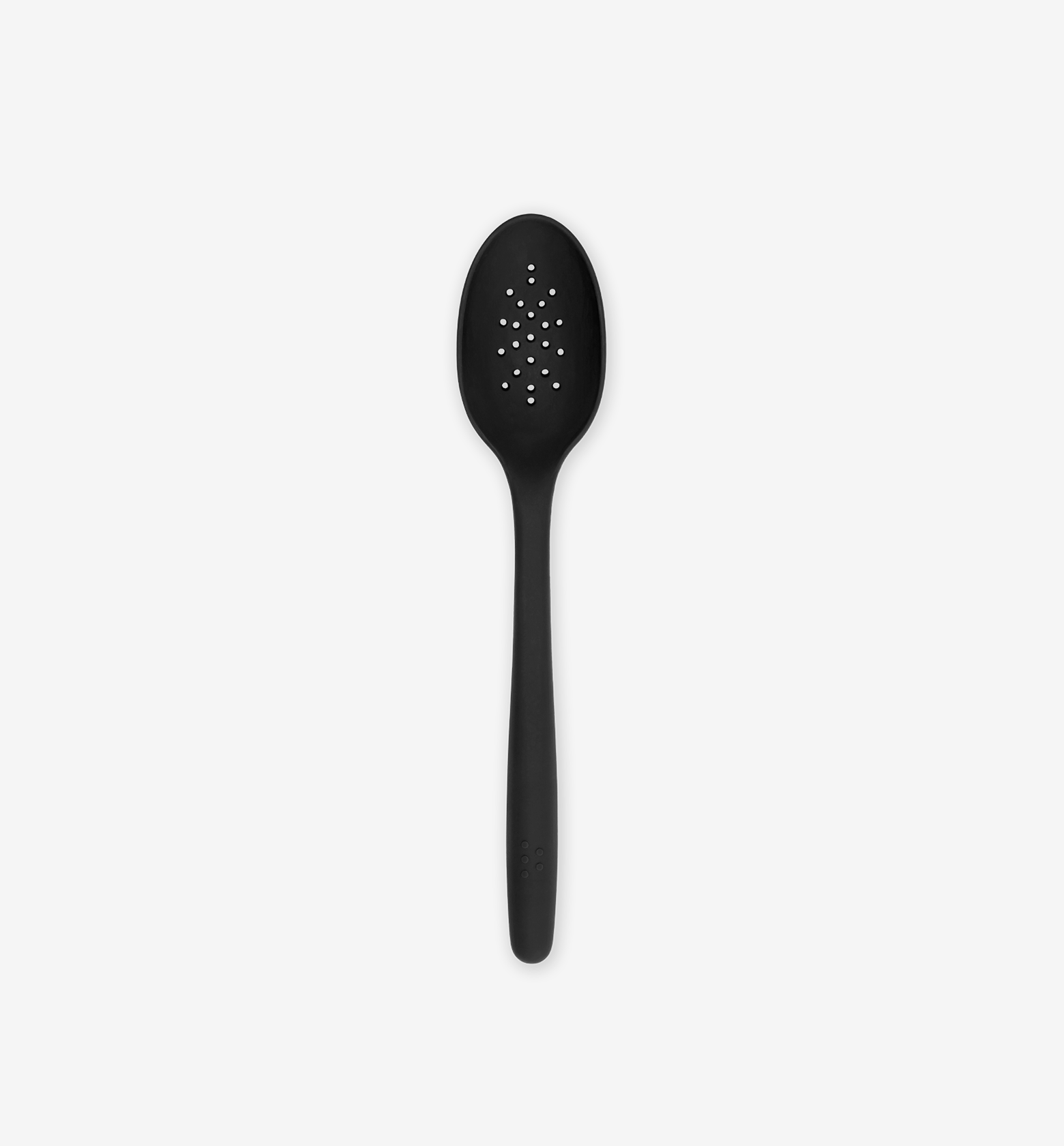 Black silicone slotted spoon with small drainage holes and ergonomic handle