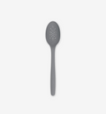 Gray silicone slotted spoon with perforated bowl and long handle