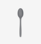Gray silicone slotted spoon with perforated bowl and long handle