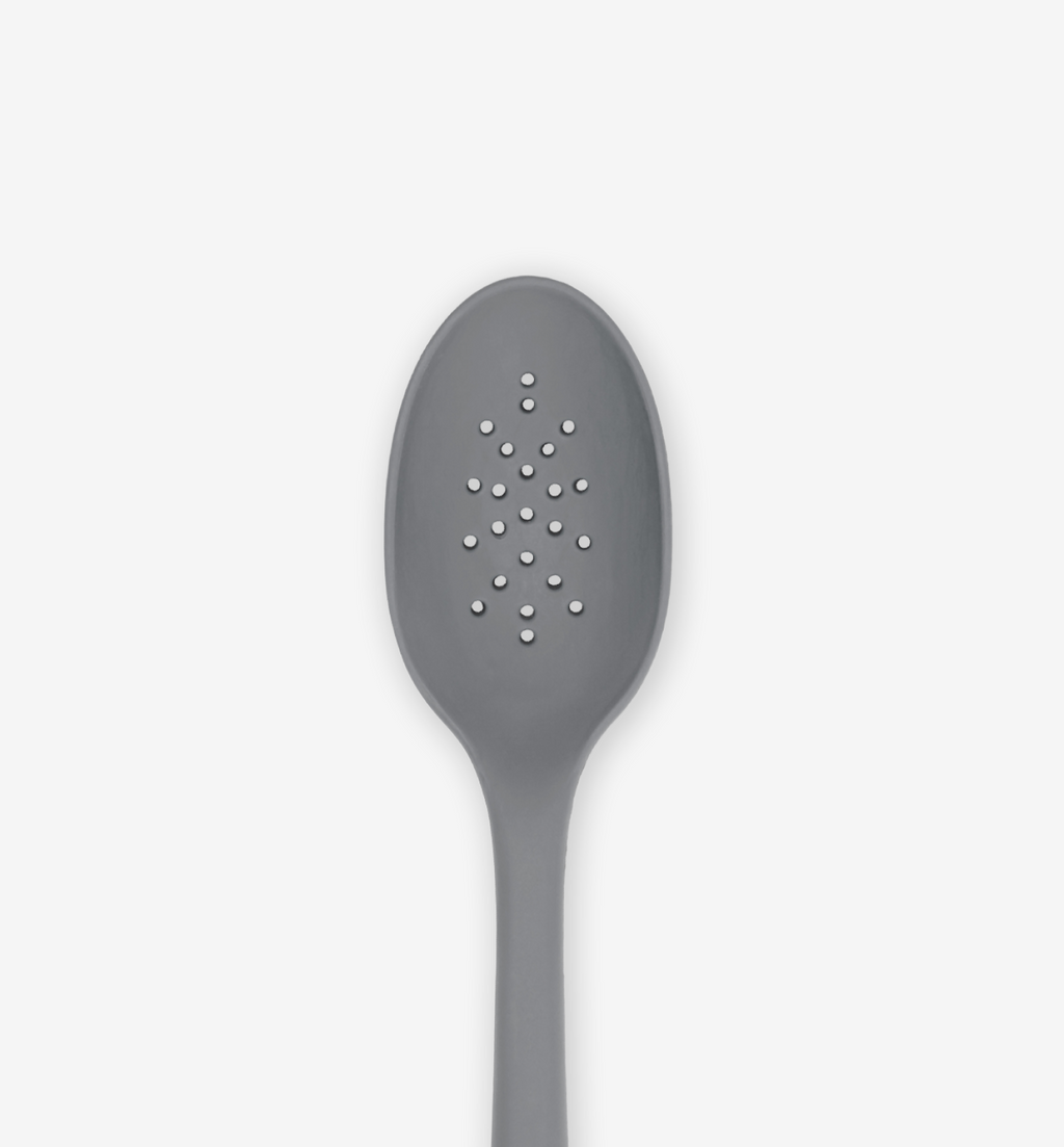 Gray silicone slotted spoon with perforated holes for draining