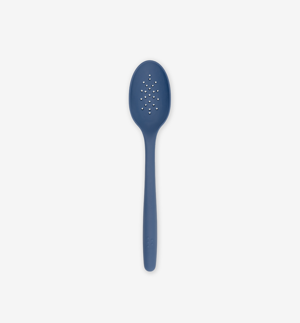 Blue silicone slotted spoon with perforated bowl and long handle