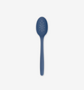 Blue silicone slotted spoon with perforated bowl and long handle