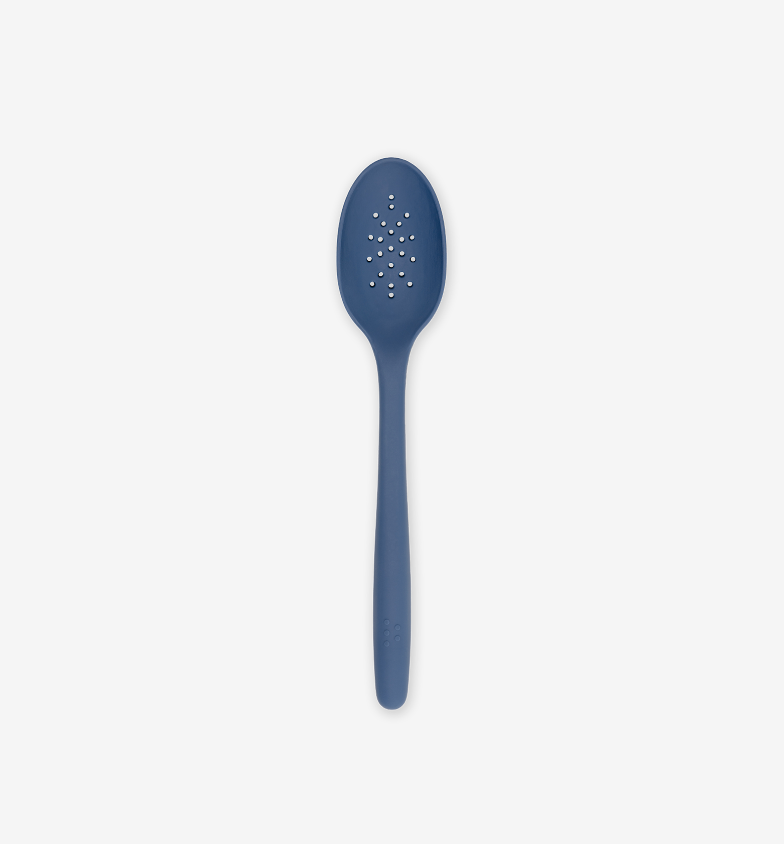 Blue silicone slotted spoon with perforated bowl and long handle