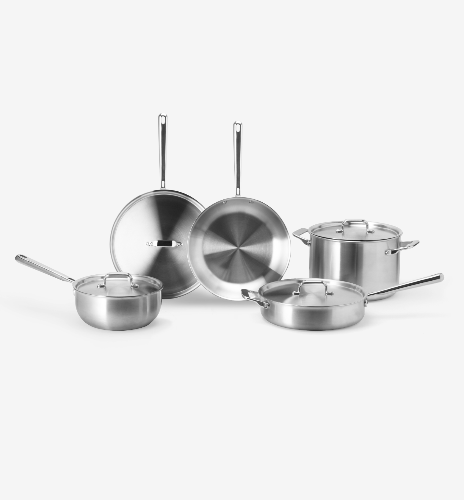 Stainless steel cookware set with frying pans, saucepan, sauté pan, and stock pot with lids