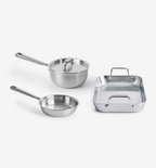 Stainless steel cookware set with saucepan, frying pan, and roasting pan