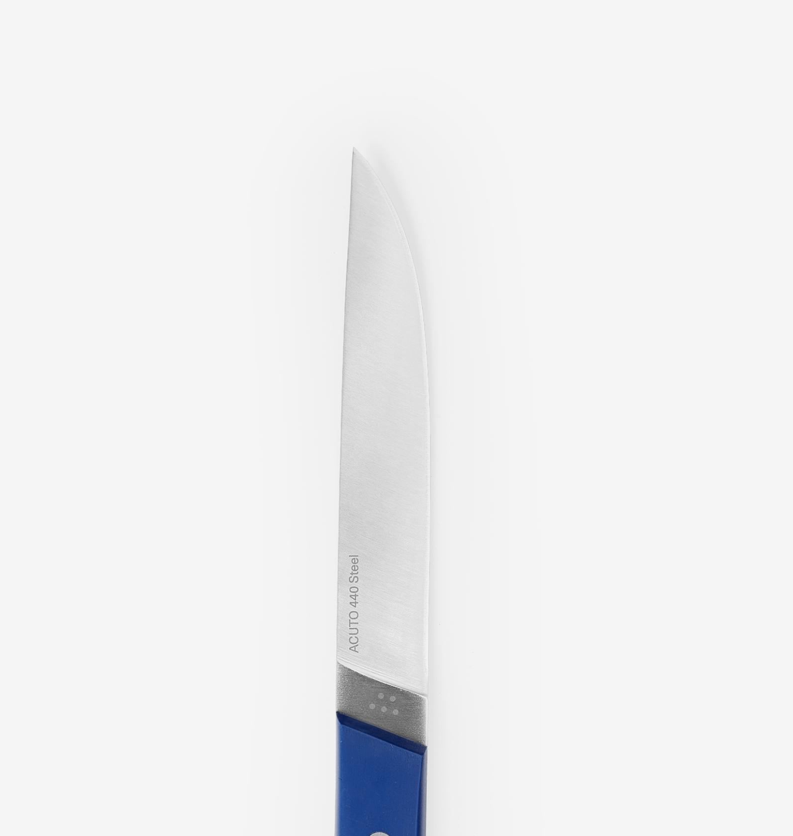 Acuto 440 stainless steel knife blade with blue handle close-up