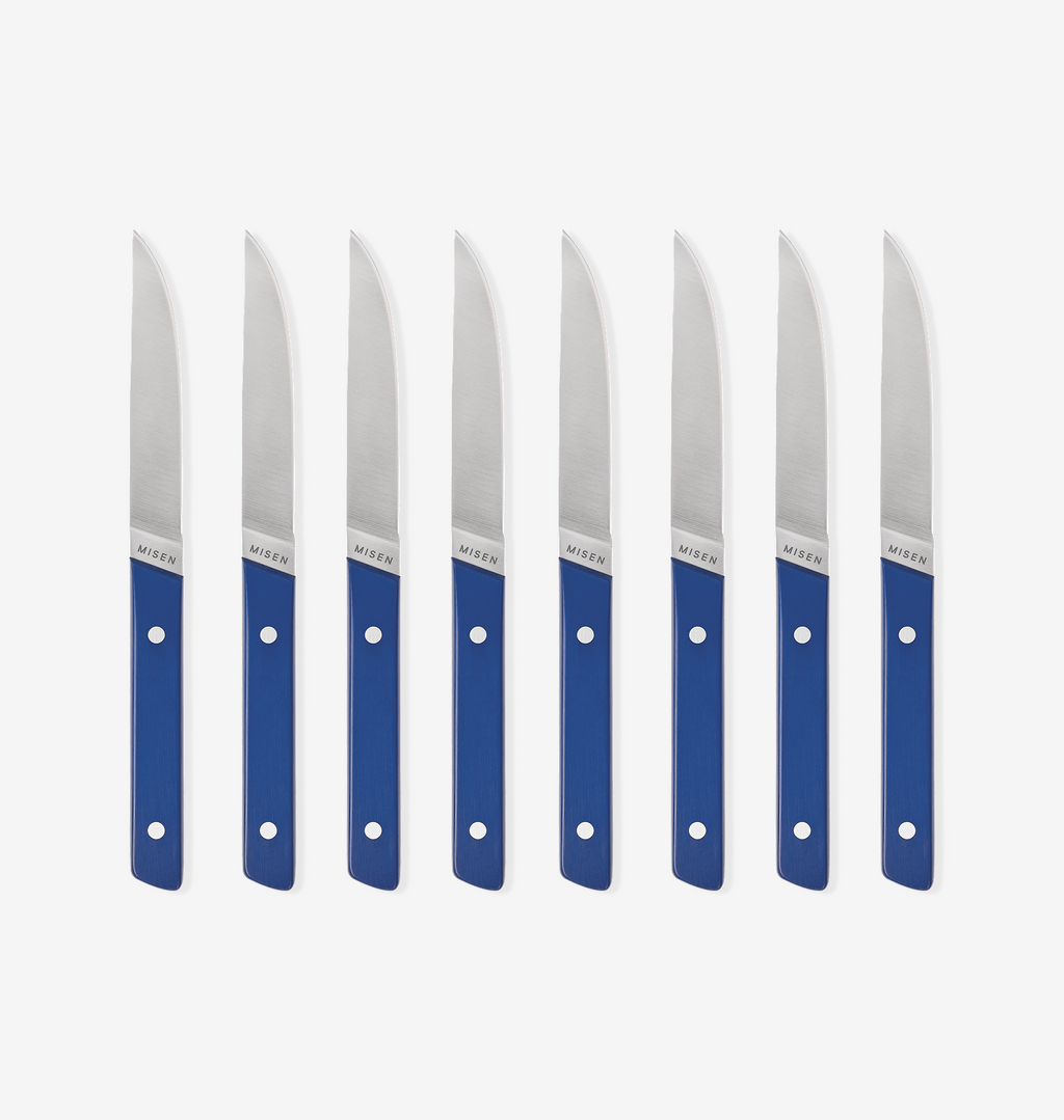 Misen steak knives set of 8 with blue handles and stainless steel blades