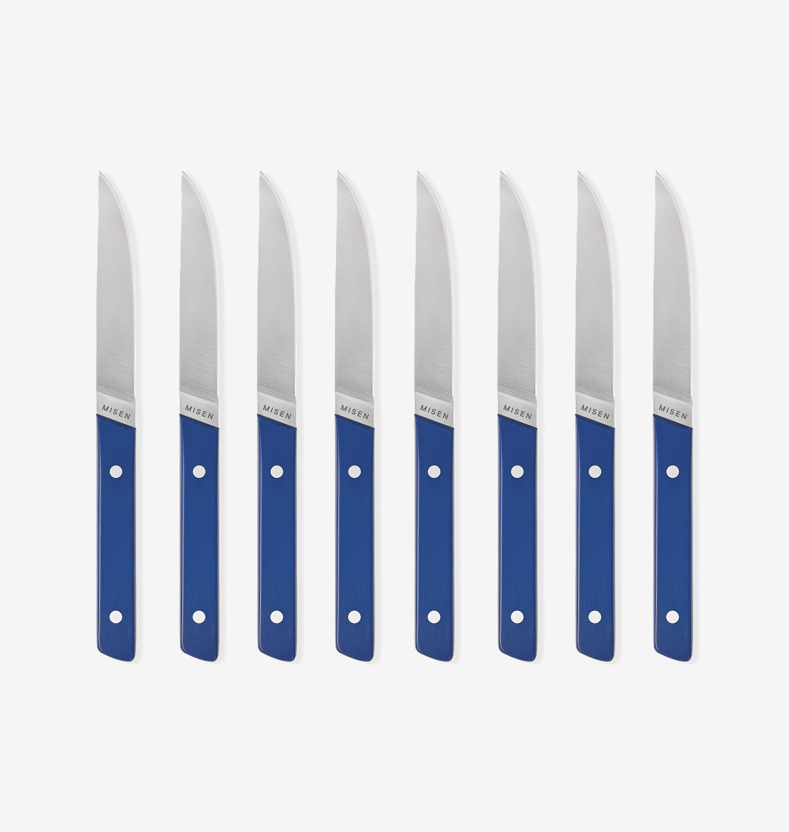 Misen steak knives set of 8 with blue handles and stainless steel blades