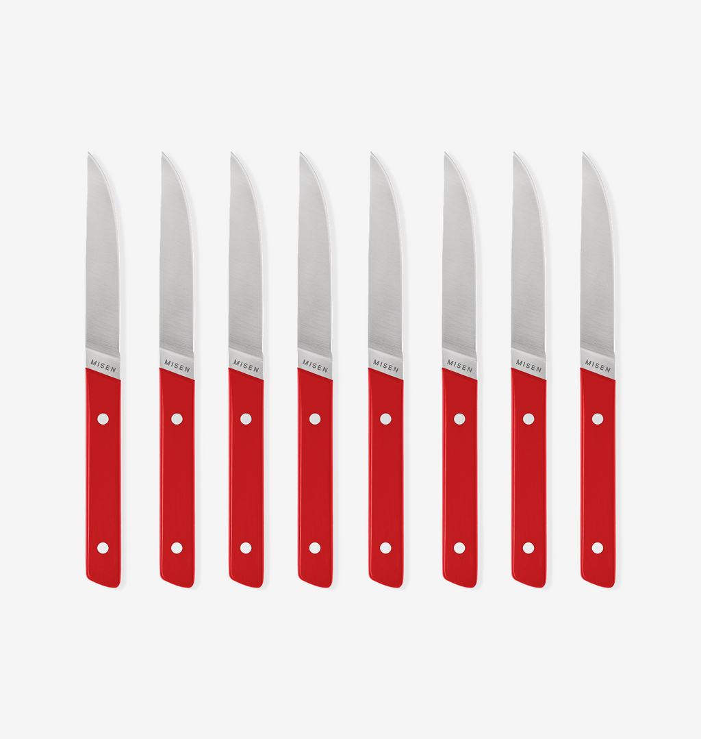 Misen steak knives set of 8 with red handles and stainless steel blades