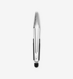 Stainless steel kitchen tongs with black rubber grip and locking mechanism