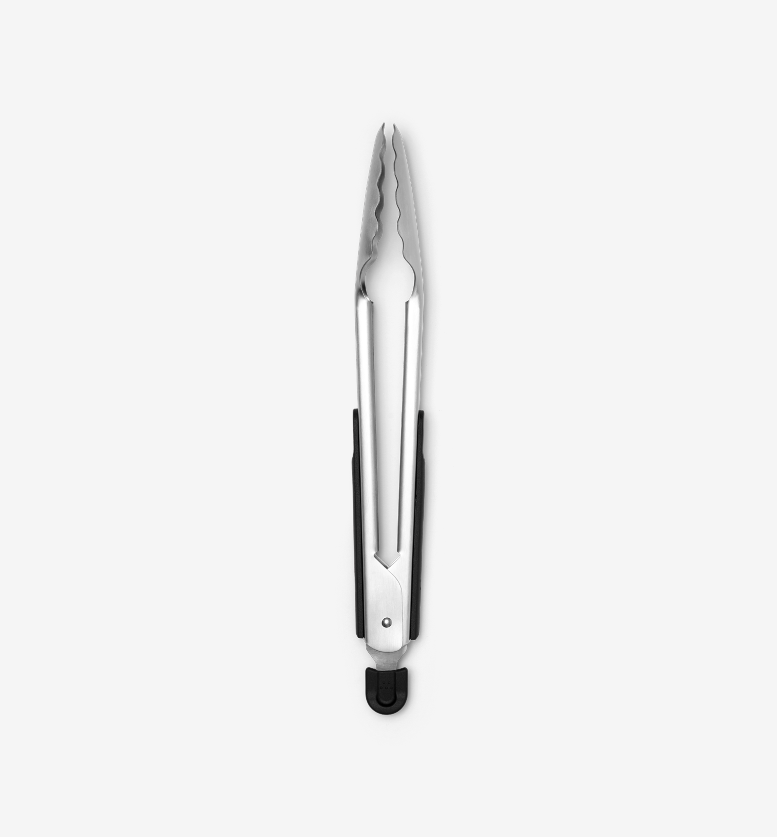 Stainless steel kitchen tongs with black rubber grip and locking mechanism
