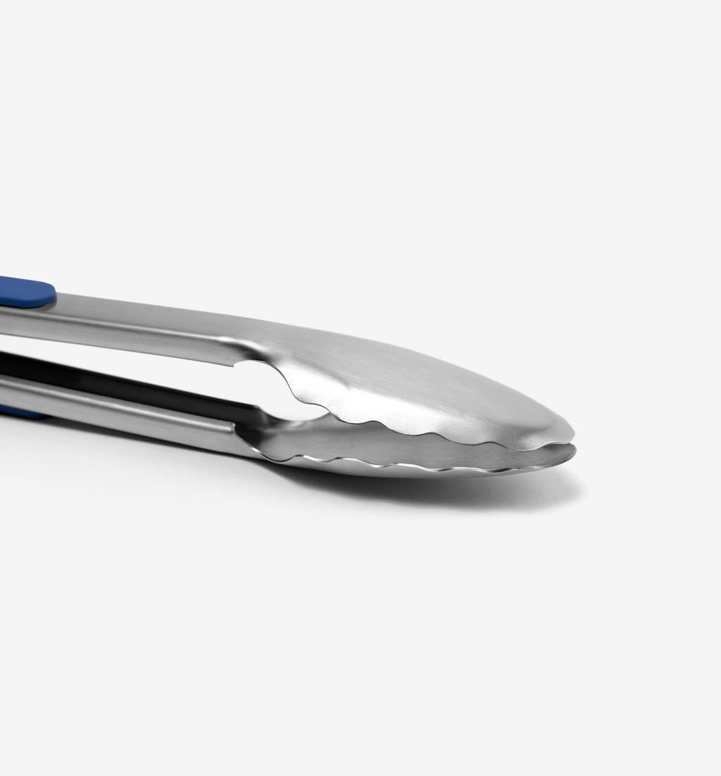 Stainless steel kitchen tongs with scalloped gripping edges and blue handle
