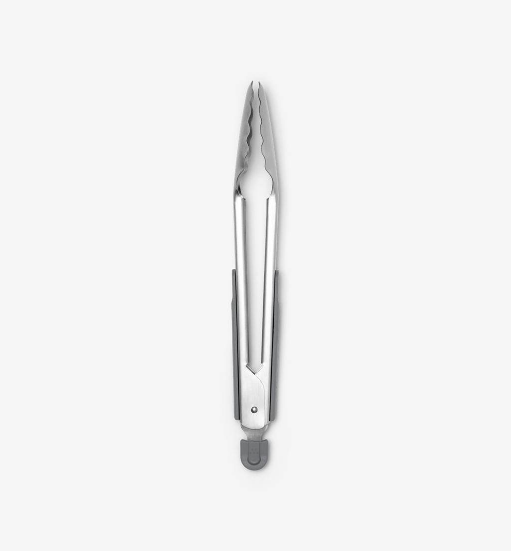 Stainless steel kitchen tongs with serrated tips and gray silicone grip ring