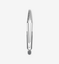 Stainless steel kitchen tongs with serrated tips and gray silicone grip ring