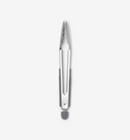 Stainless steel kitchen tongs with serrated tips and gray silicone grip ring