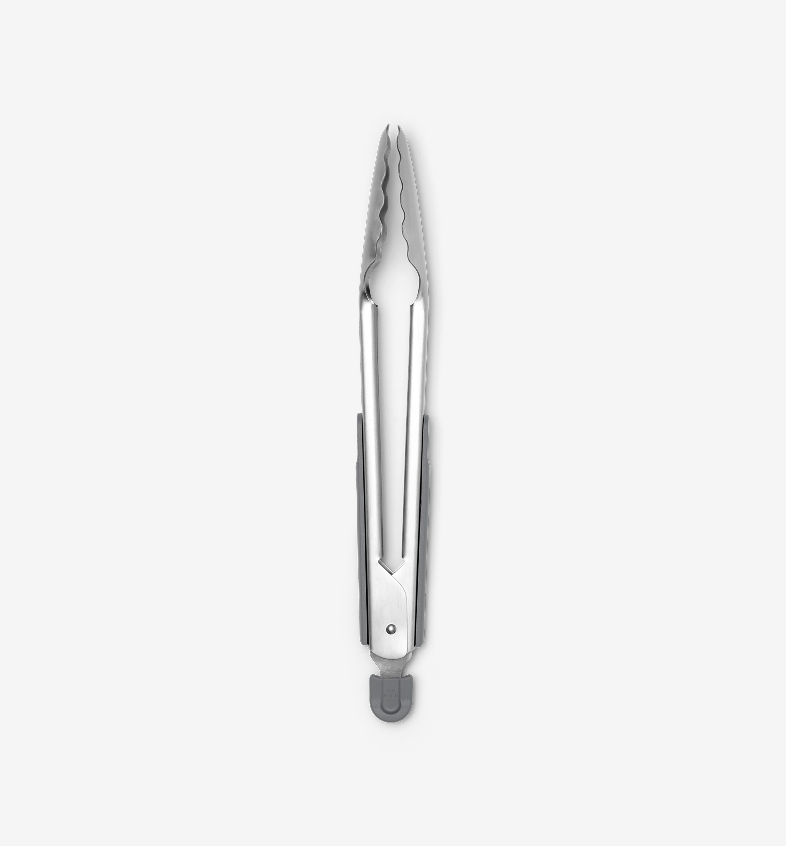 Stainless steel kitchen tongs with serrated tips and gray silicone grip ring
