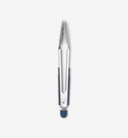 Stainless steel kitchen tongs with navy blue silicone grip and locking mechanism