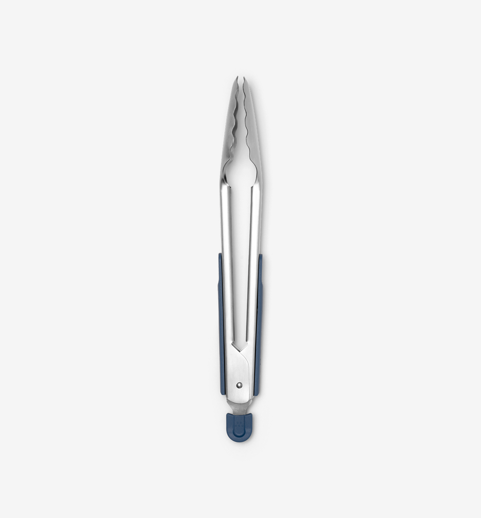 Stainless steel kitchen tongs with navy blue silicone grip and locking mechanism