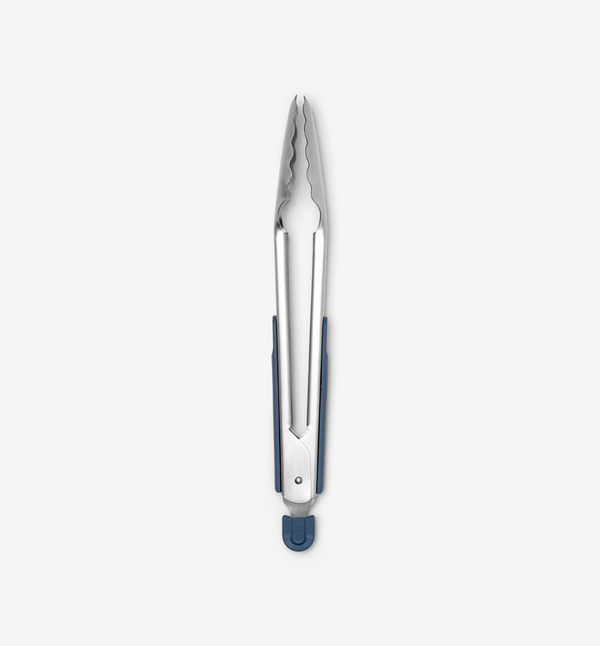 Stainless steel kitchen tongs with navy blue silicone grip and locking mechanism