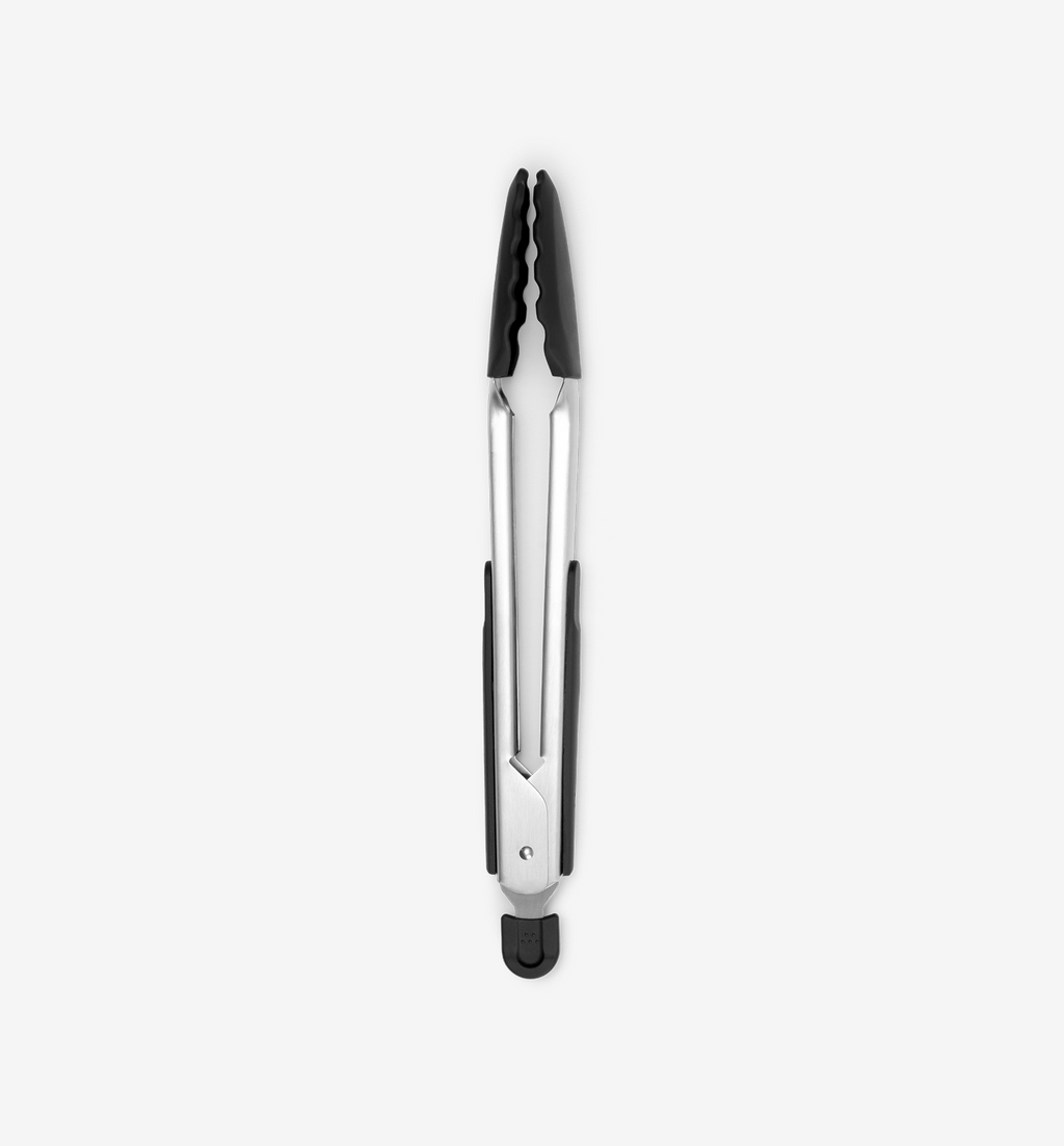 Stainless steel kitchen tongs with silicone tips and locking mechanism