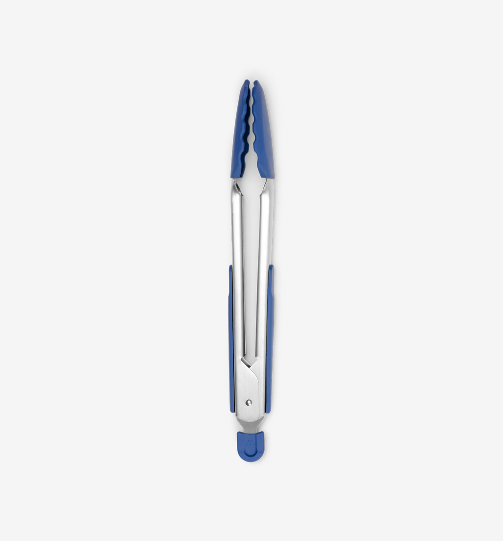 Stainless steel kitchen tongs with blue silicone tips and locking mechanism