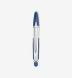 Stainless steel kitchen tongs with blue silicone tips and locking mechanism