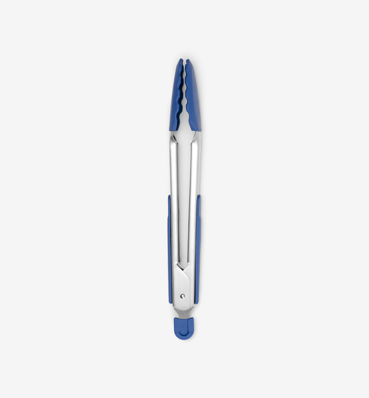 Stainless steel kitchen tongs with blue silicone tips and locking mechanism