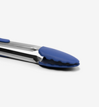 Stainless steel kitchen tongs with blue silicone tips and scalloped gripping edges
