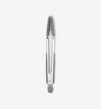 Stainless steel kitchen tongs with gray silicone tips and locking mechanism