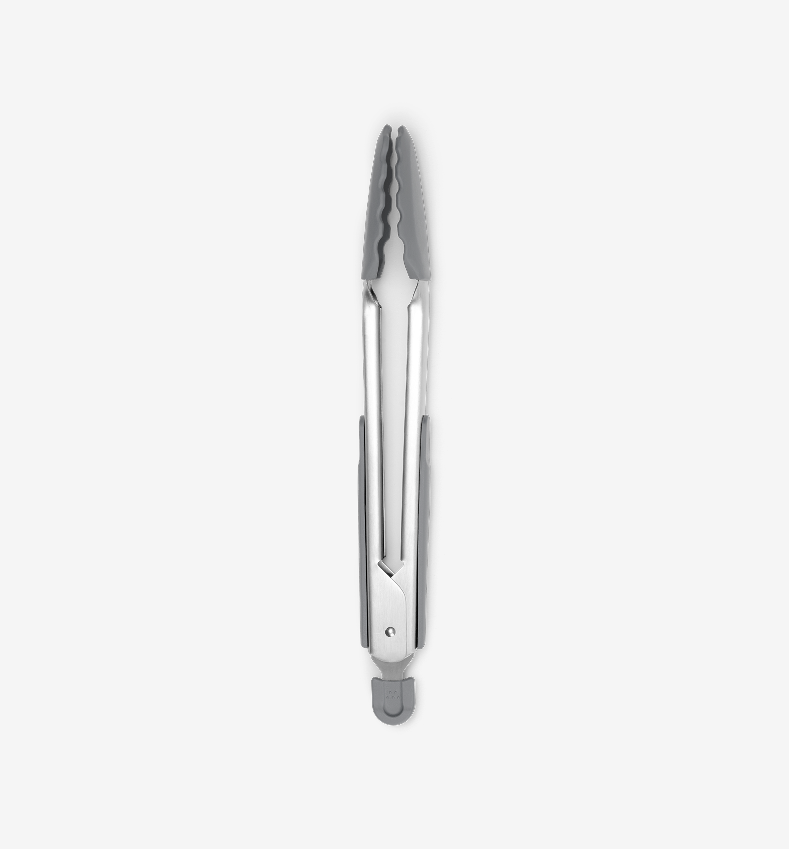 Stainless steel kitchen tongs with gray silicone tips and locking mechanism