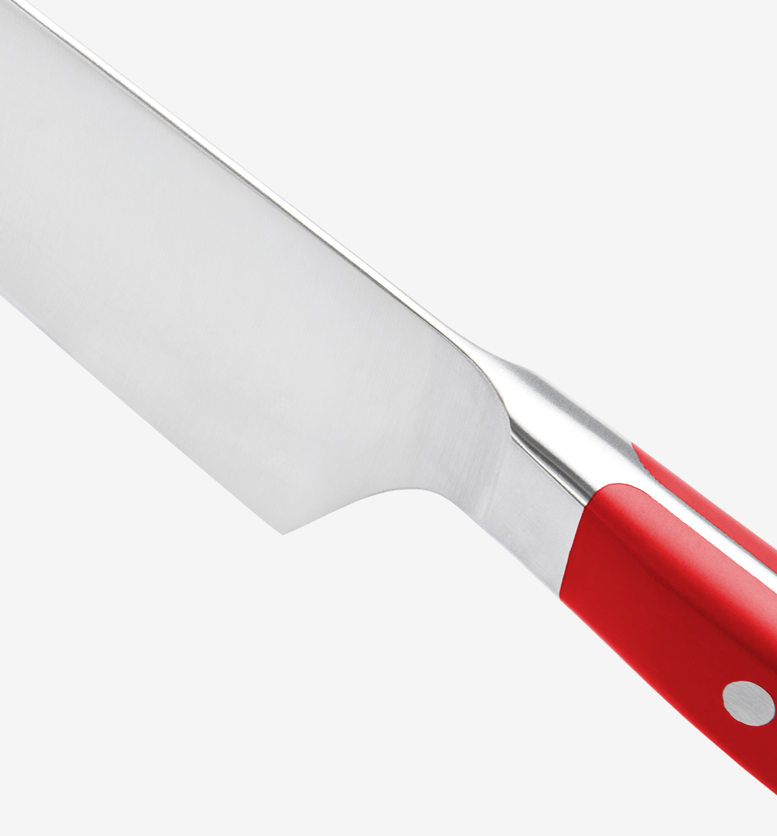 Chef's knife with red handle and stainless steel blade close-up