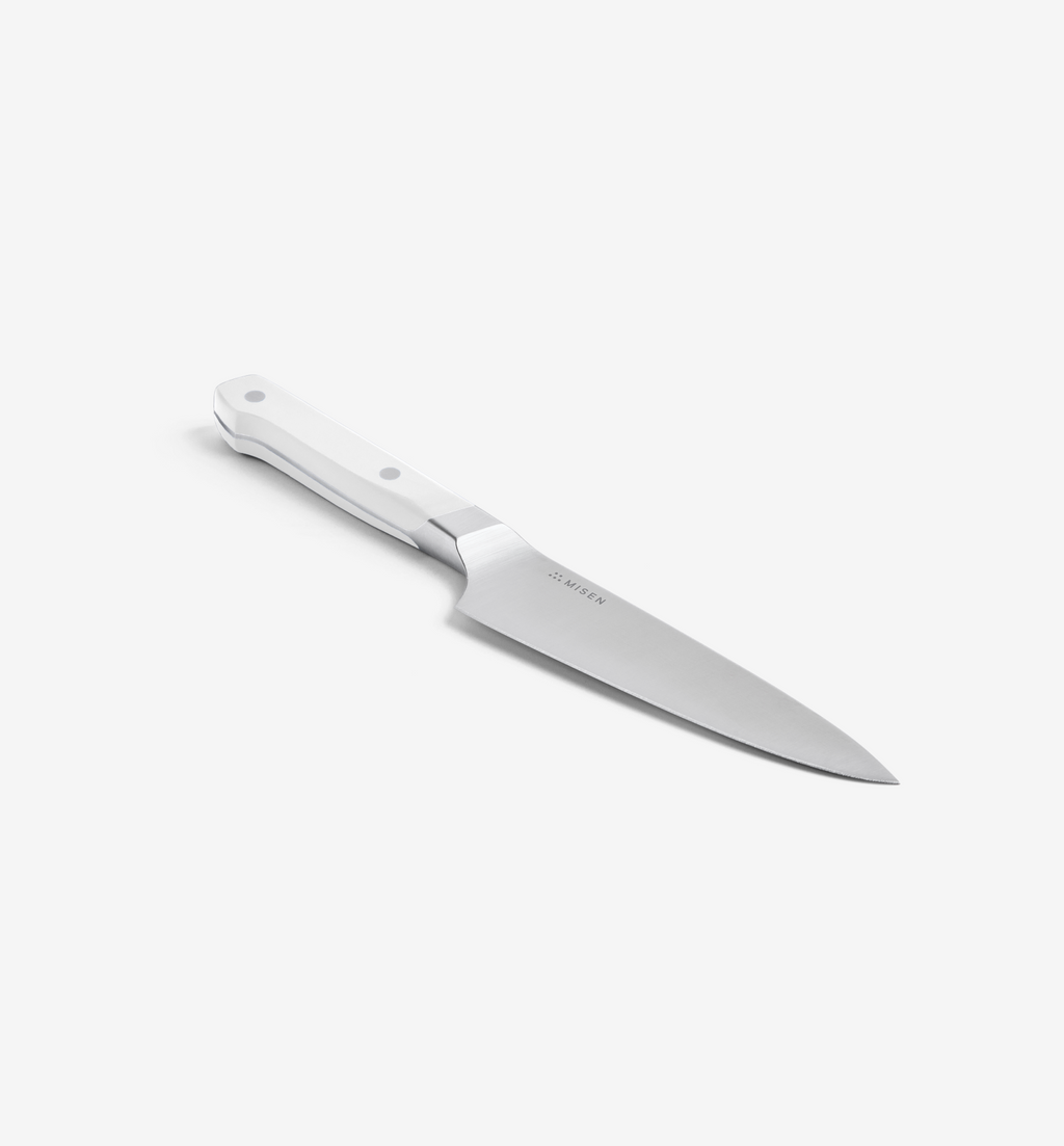 Misen utility knife with white handle and stainless steel blade