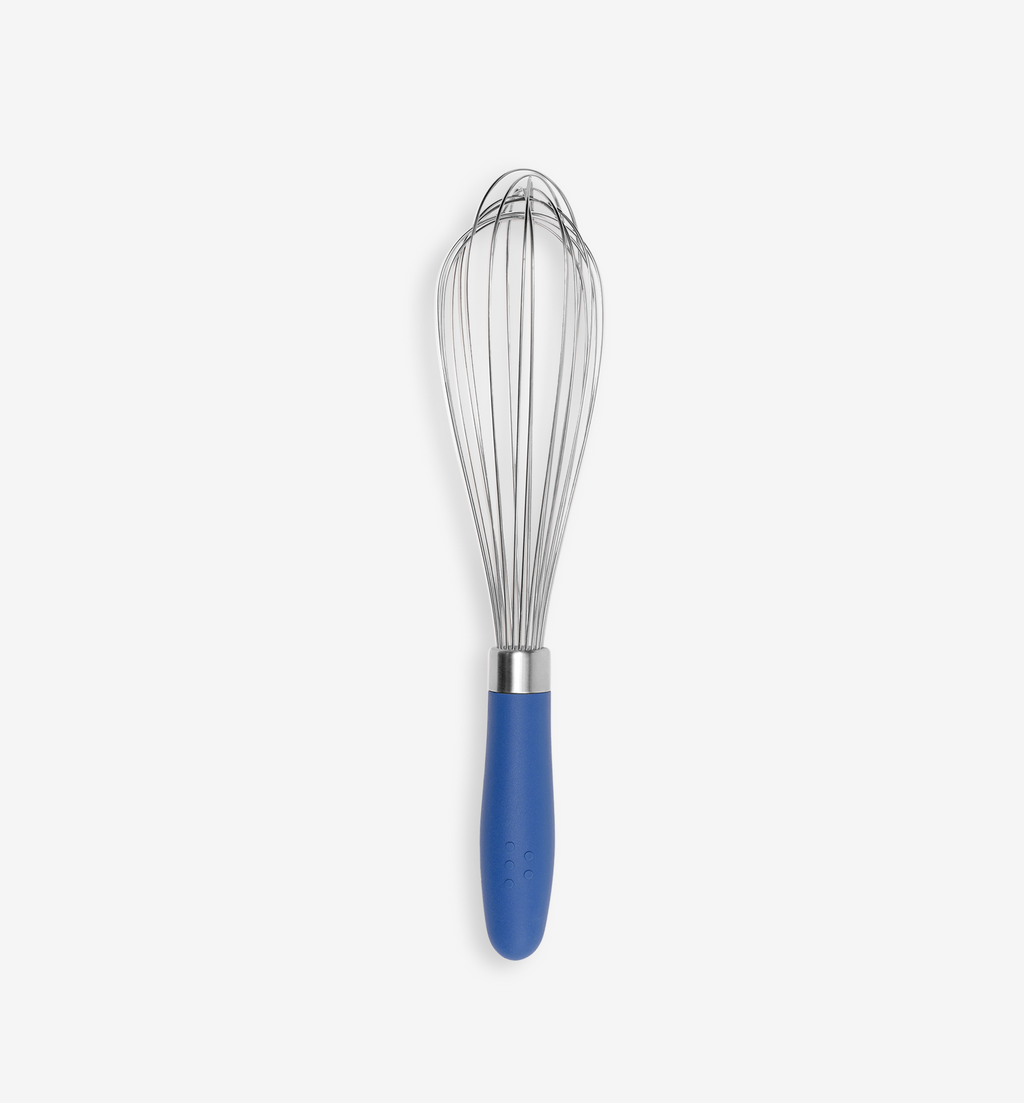 Stainless steel balloon whisk with blue silicone handle
