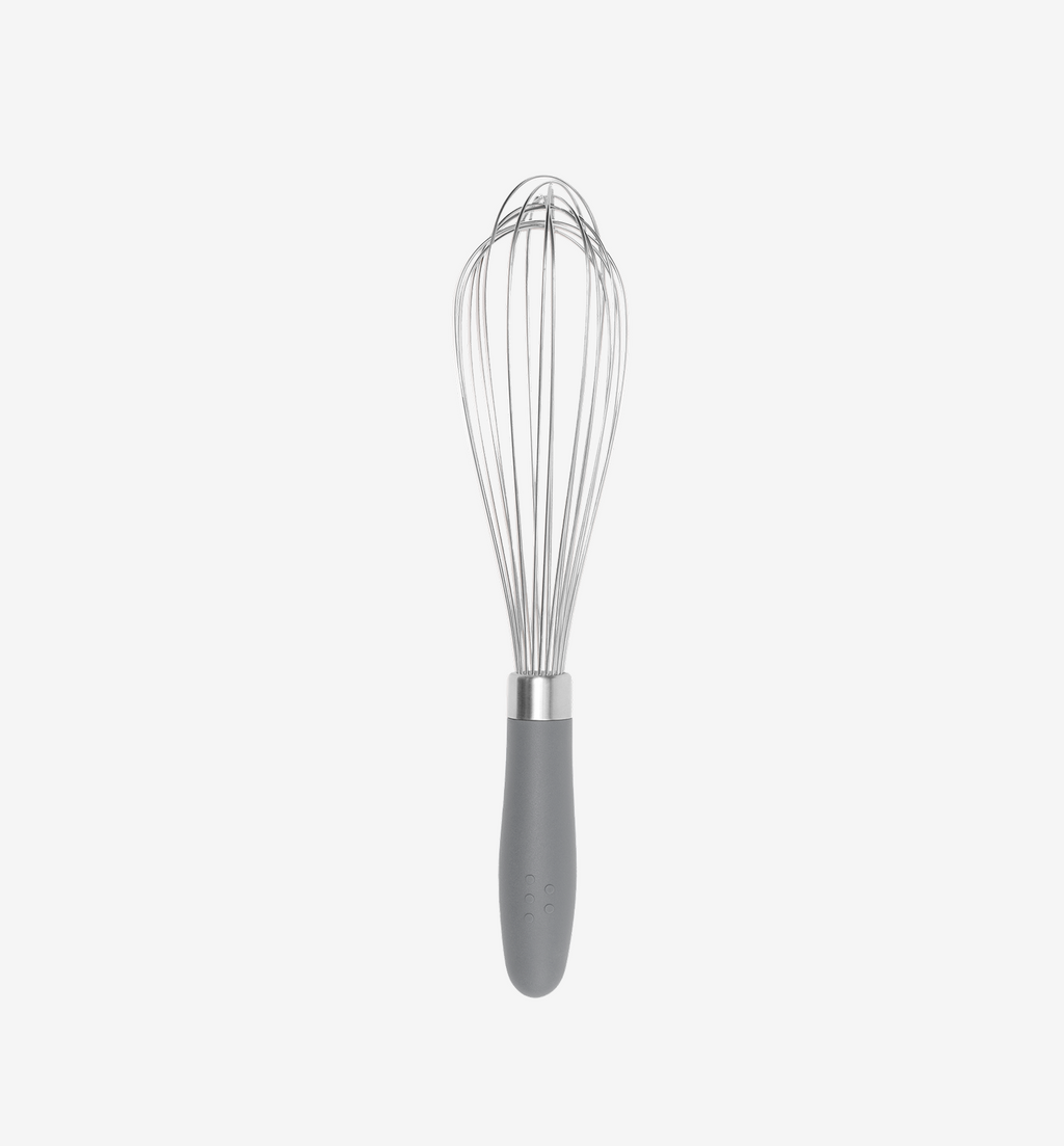 Stainless steel balloon whisk with gray silicone handle