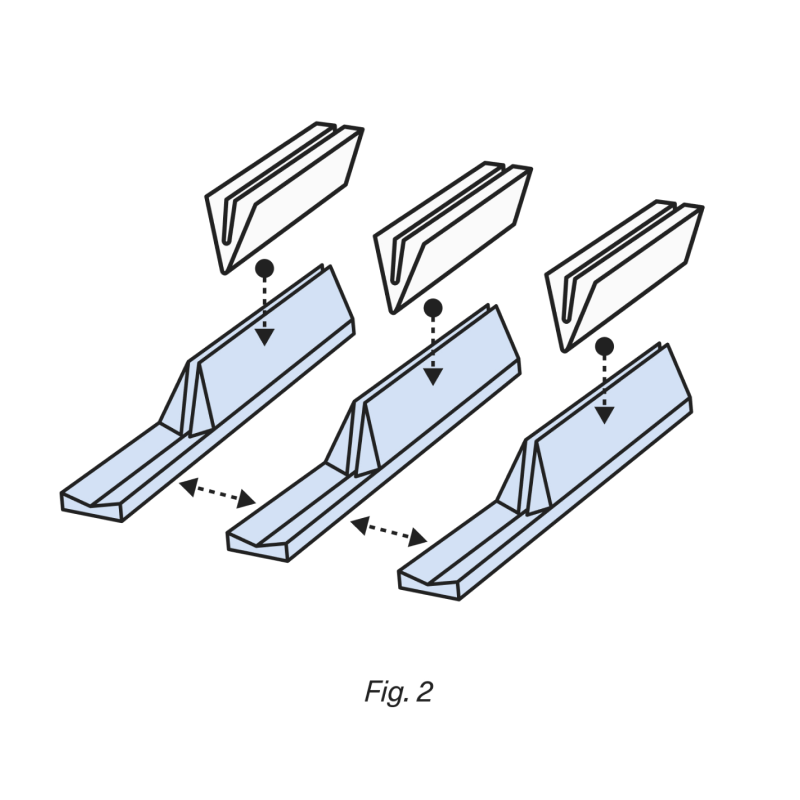 Assembly diagram showing three-step installation process for mounting bracket with panel insertion