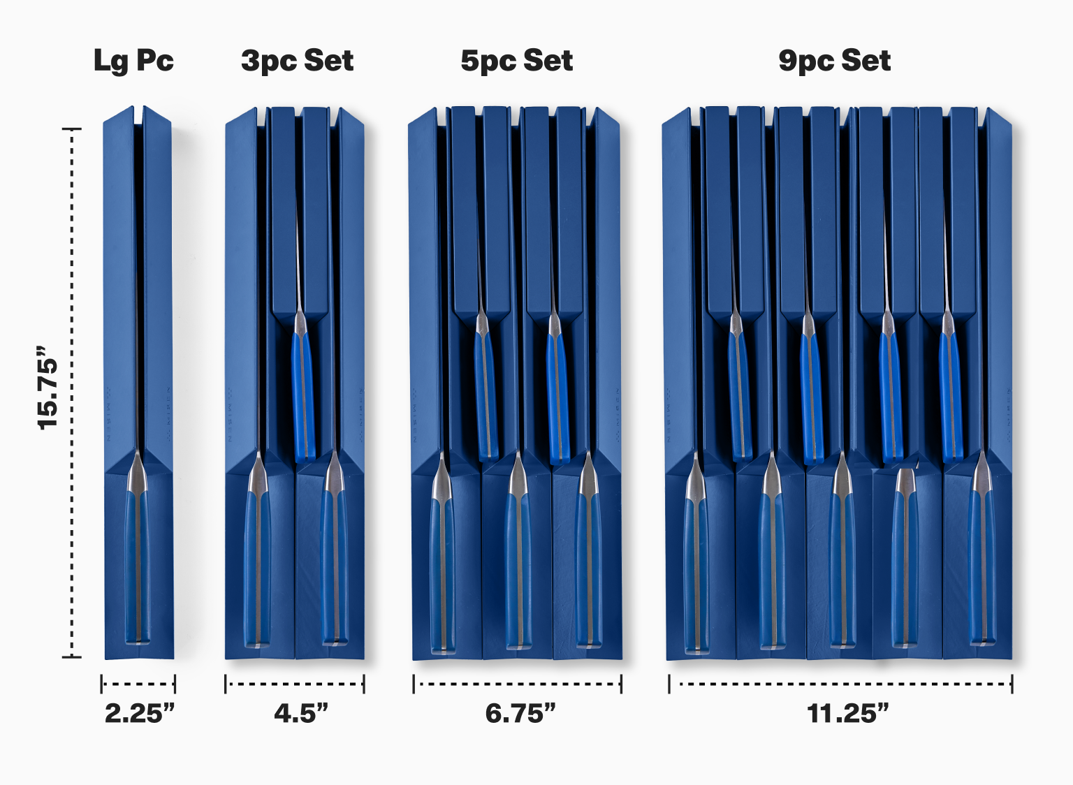 Misen Modular Knife Storage is 15.75" long. A large Modular Knife Storage Piece is 2.25" wide. The 3-piece set is 4.5" wide. The 5-piece set is 6.75" wide. The 9-piece set is 11.25" wide.