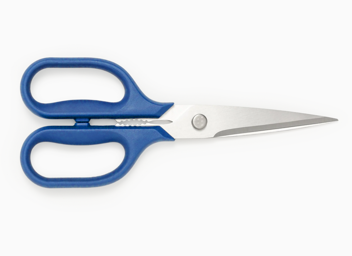 Pair of standard Misen Kitchen Shears with blue handles on a white background