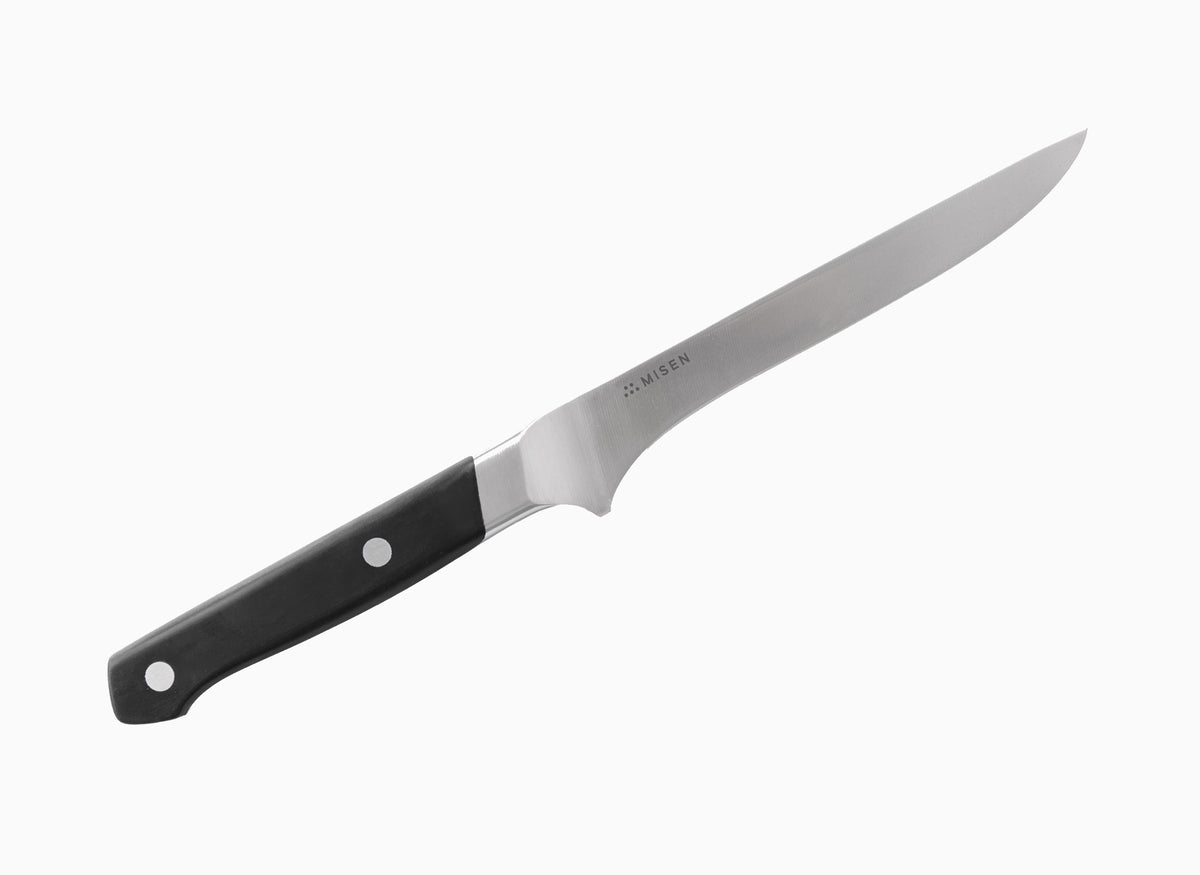 The 6 inch Misen Boning Knife in black.