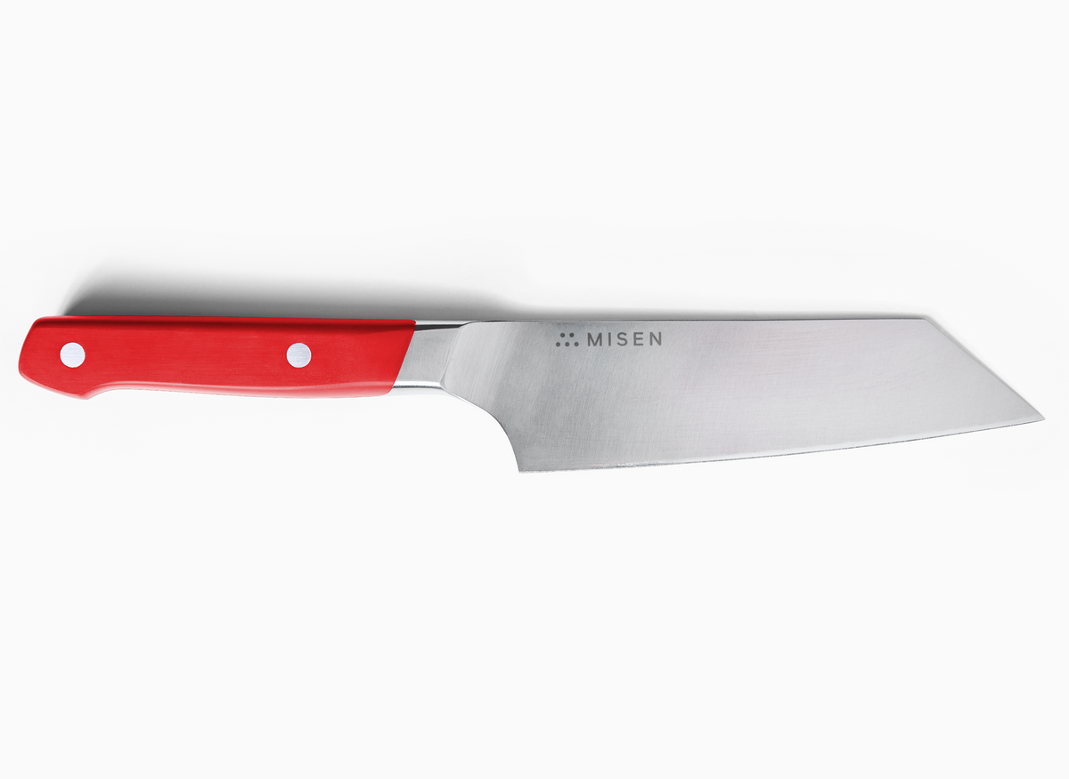 An ACUTO440 steel Misen 6 inch Bunka knife with a red handle is shown on a white background. The Misen logo is visible on the blade.