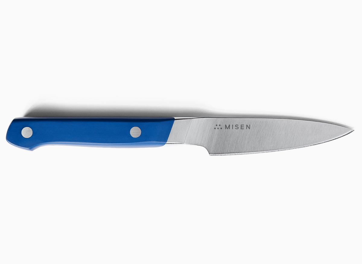 A blue-handled 3.5 inch Paring Knife 2.0 with the brand name "MISEN" engraved on the ACUTO440 steel blade.