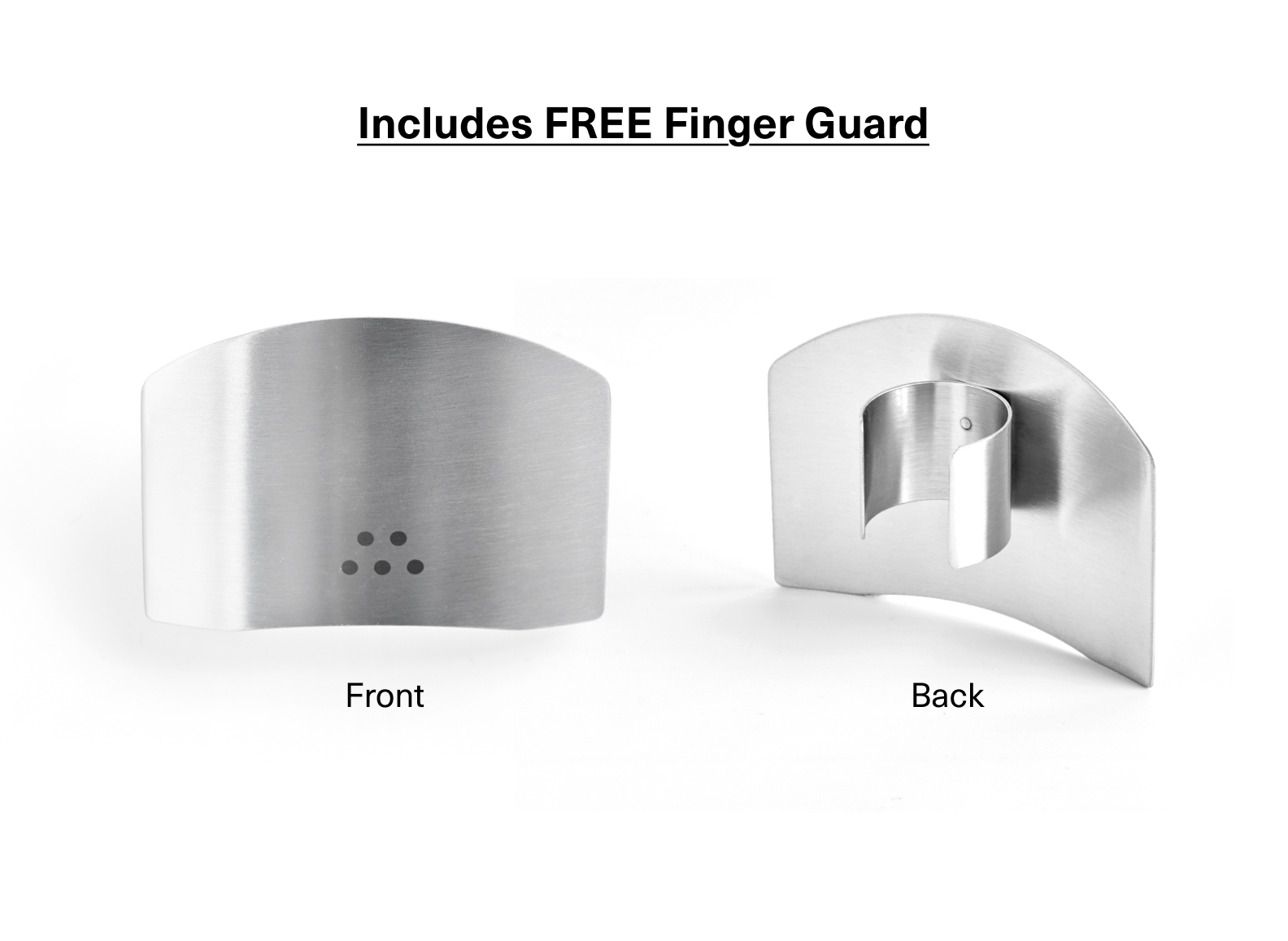 A stainless steel finger guard is shown in two views, labeled "Front" and "Back," on a white background. The front view shows a curved metal piece with the Misen logo, and the back view shows the finger ring used to secure it to the finger. The text at the top reads, "Includes FREE Finger Guard."