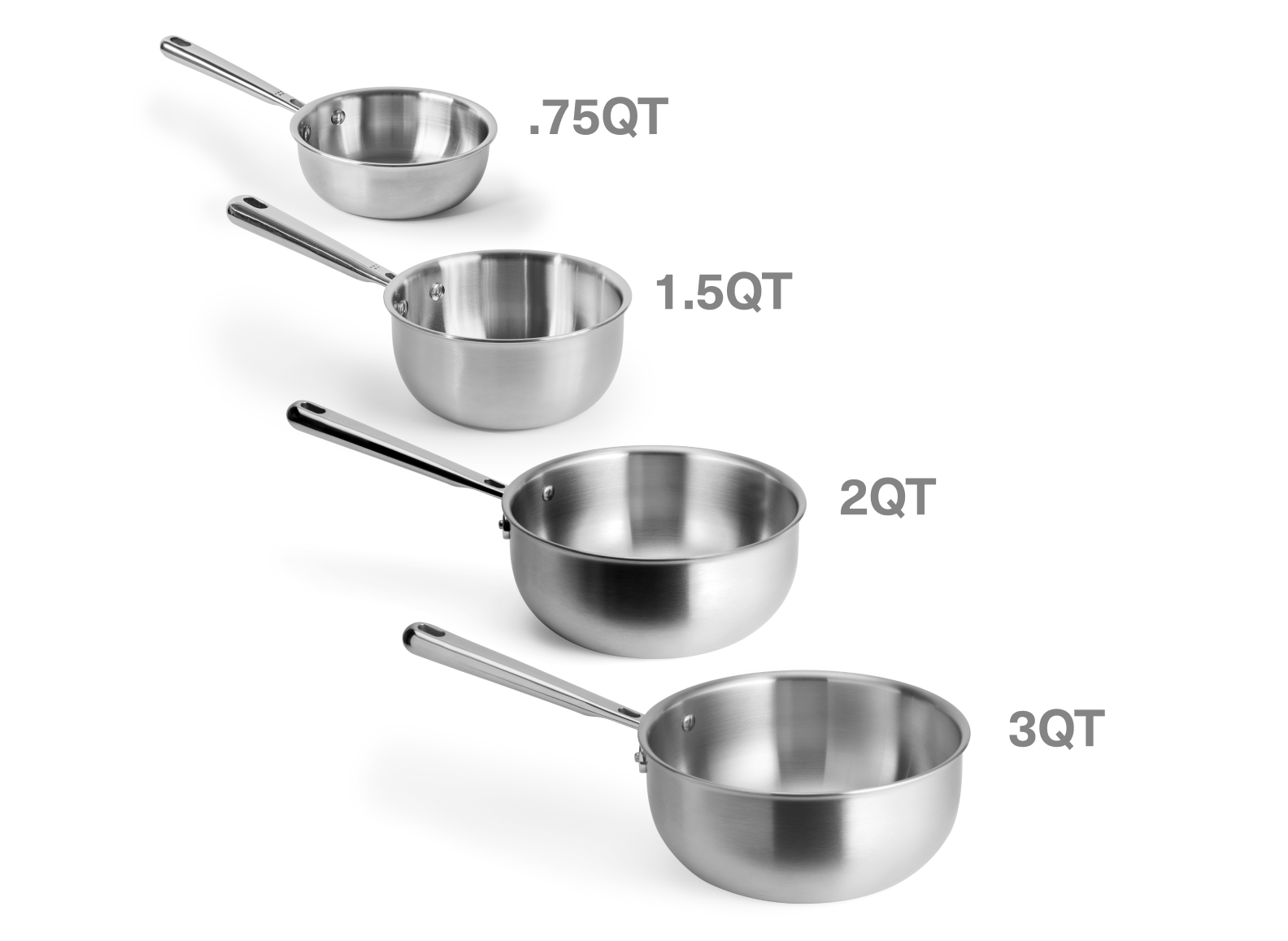 Four Misen stainless steel sauciers, with long handles, are arranged diagonally against a white background. They are labeled "0.75QT", "1.5QT", "2QT", and "3QT", from smallest to largest, top to bottom.