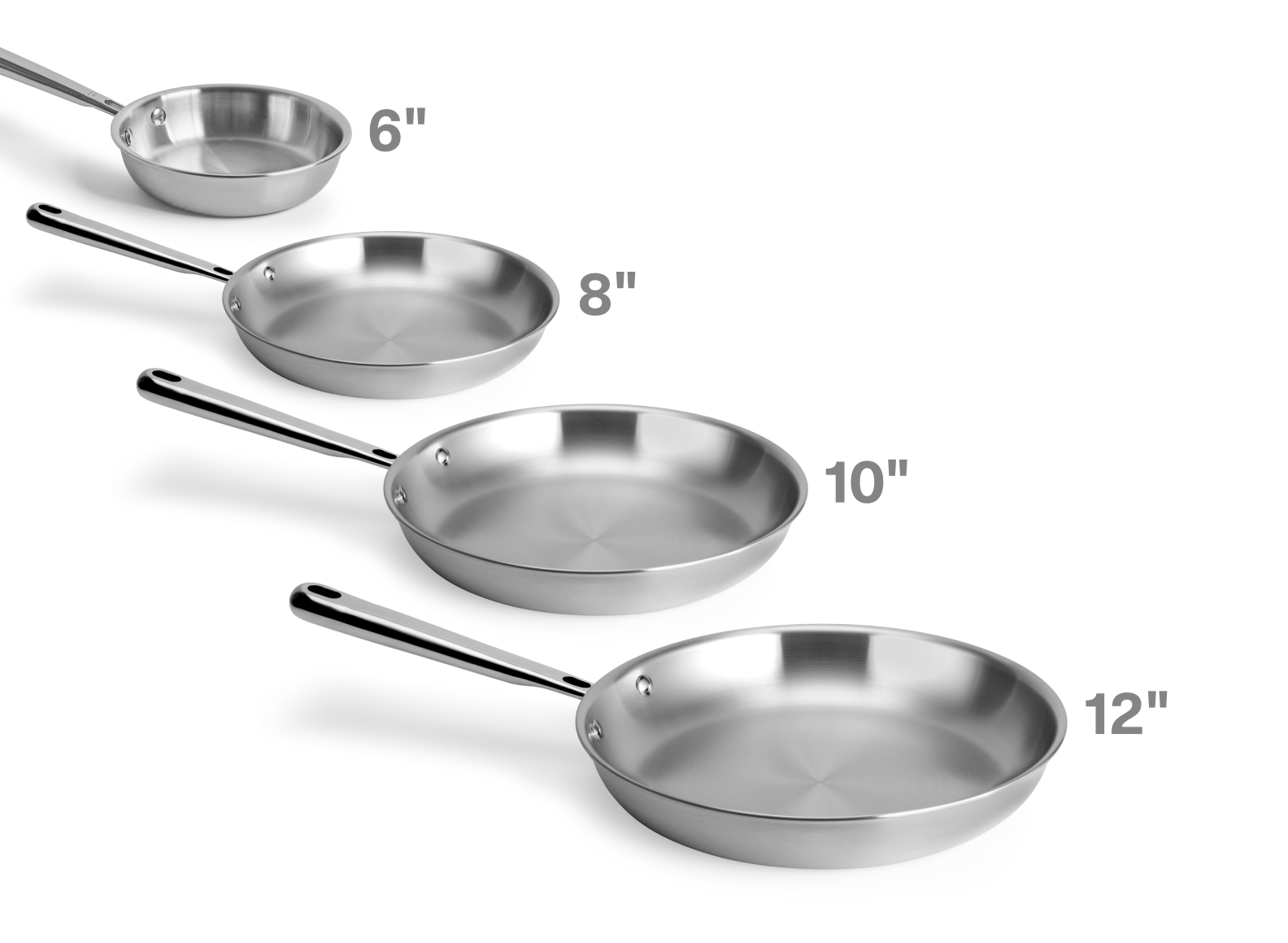 Four Misen stainless steel skillets of varying sizes are arranged diagonally against a white background, with the smallest at the top and the largest at the bottom. From top to bottom, the skillets are labeled "6"", "8"", "10"", and "12"". Each skillet has a long handle and a polished, reflective surface.