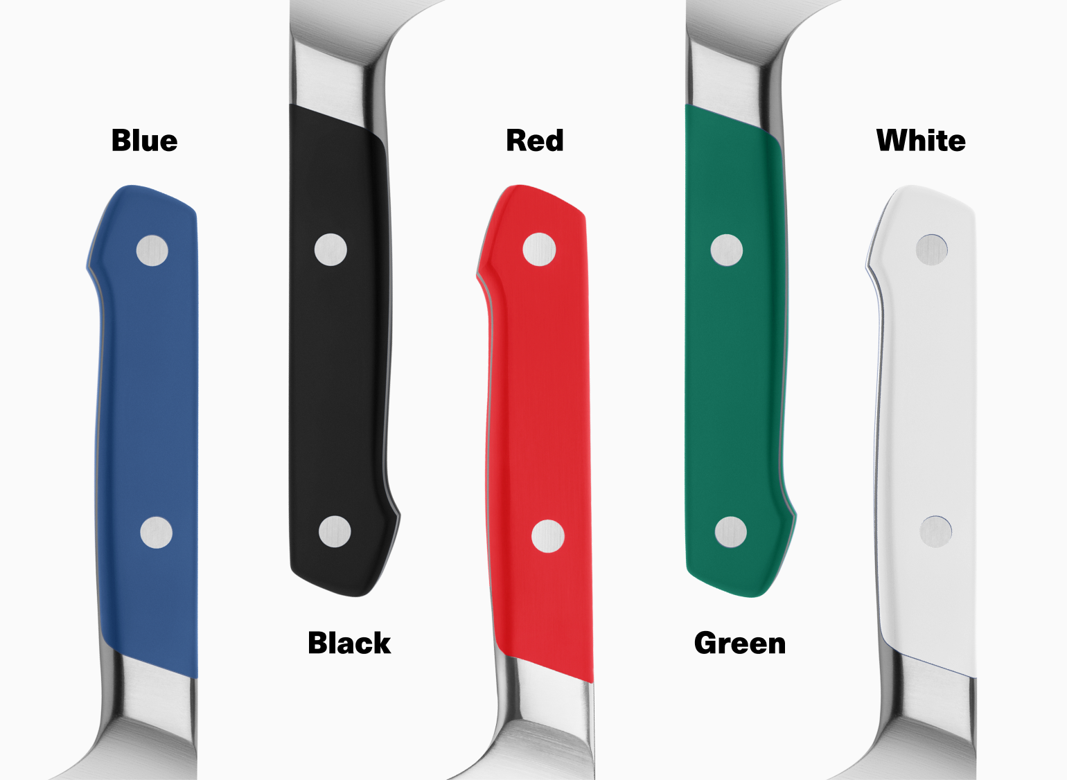 The 8 inch Chef's & Serrated Knife comes in blue, black, red, green & white.