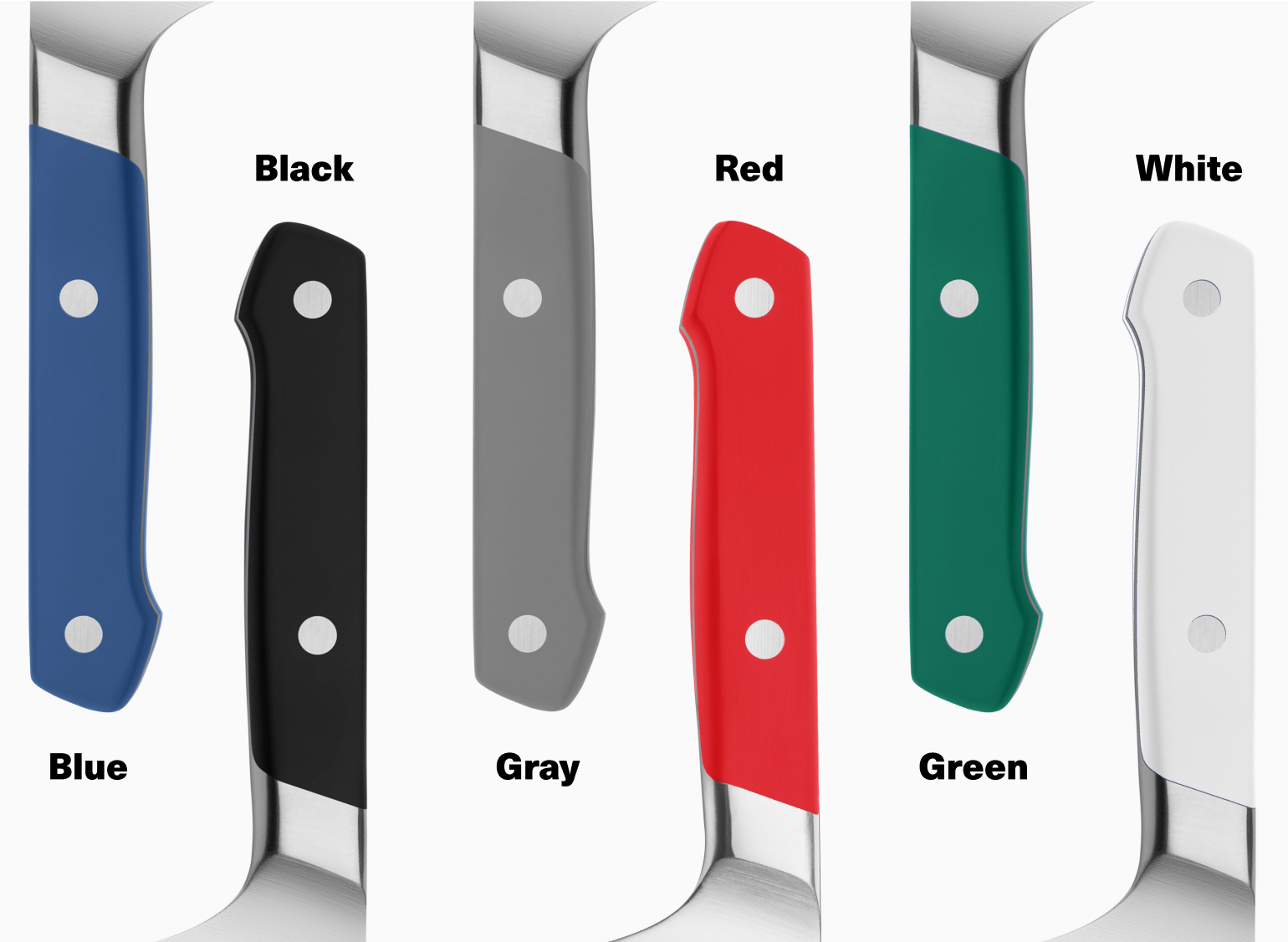 The Misen Chef's Knife, Paring & Utility Knives come in blue, black, gray, red, green & white.