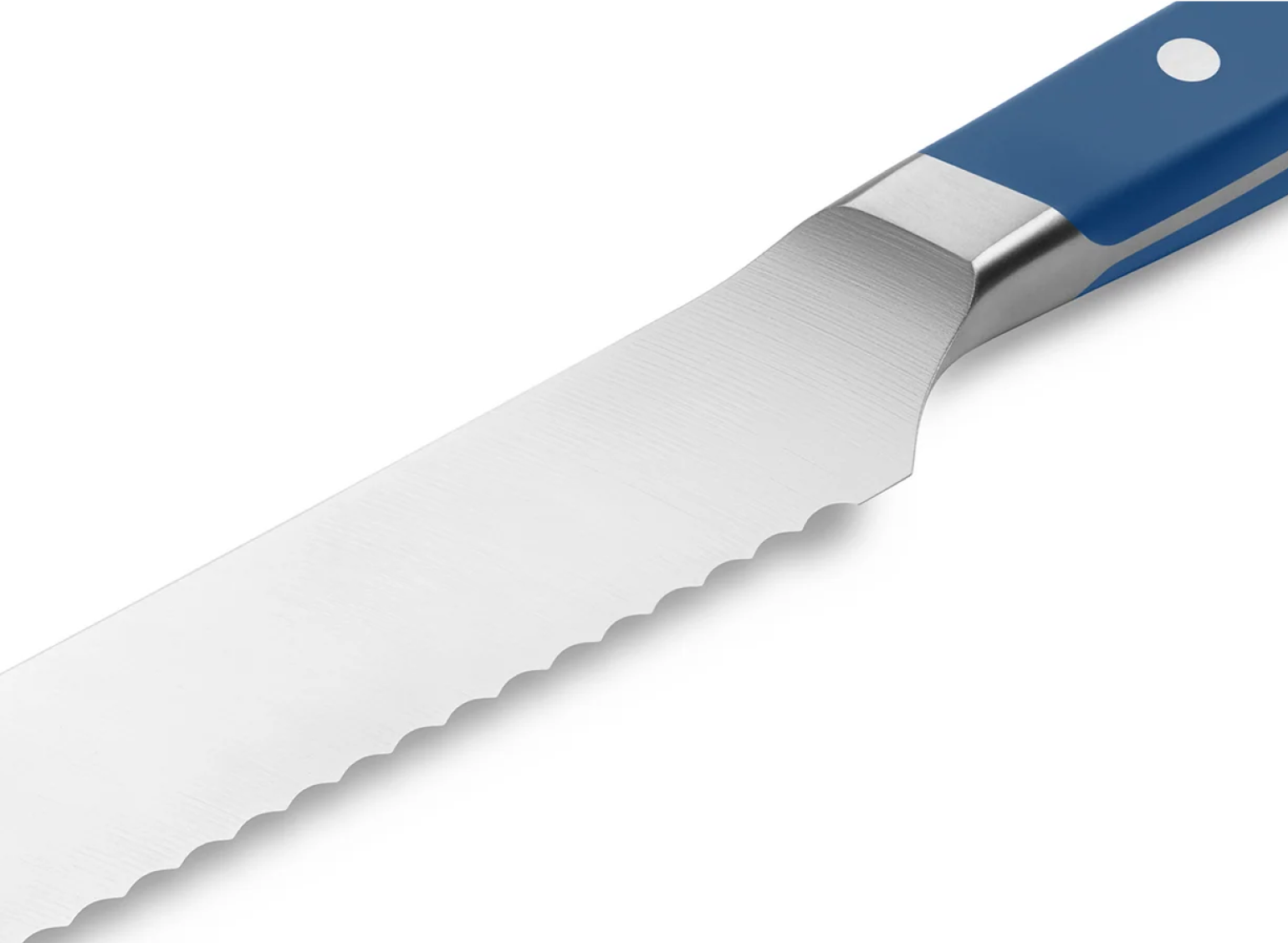 Serrated stainless-steel blade with brushed finish and blue handle showing one white rivet.