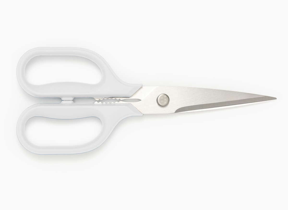 Pair of standard Misen Kitchen Shears with white handles on a white background