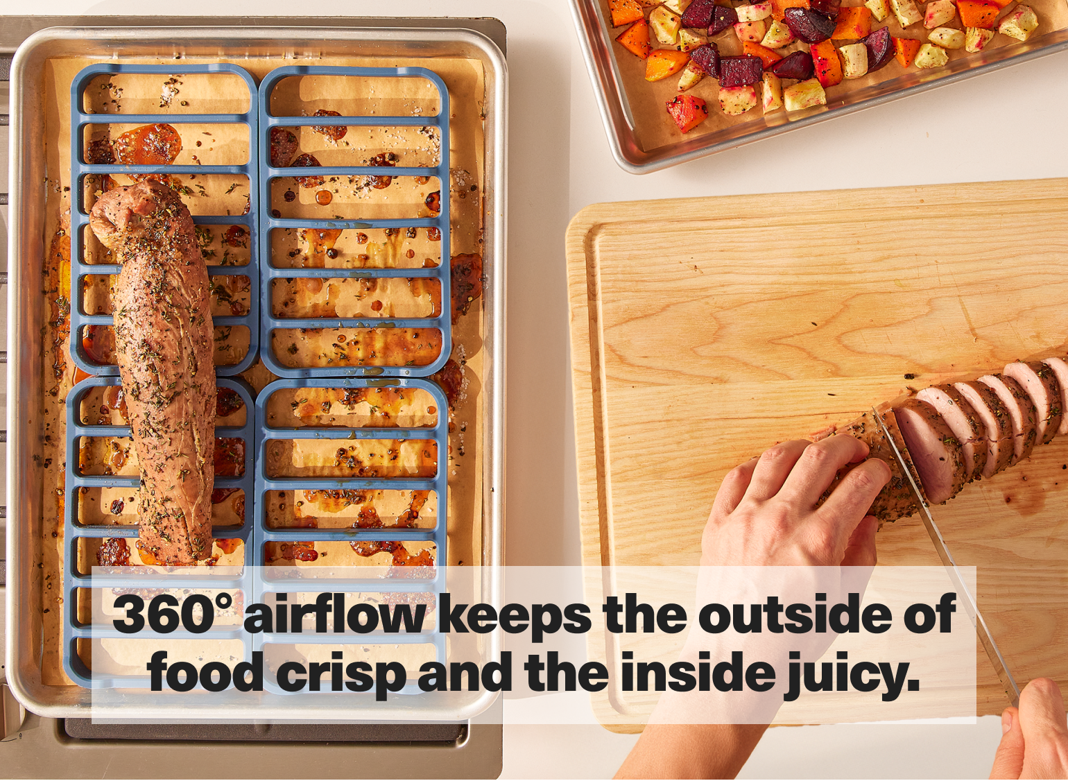 360° airflow keeps the outside of food crisp and the inside juicy.