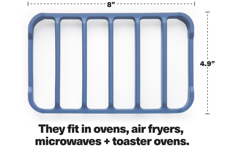 They fit in ovens, air fryers, microwaves + toaster ovens.